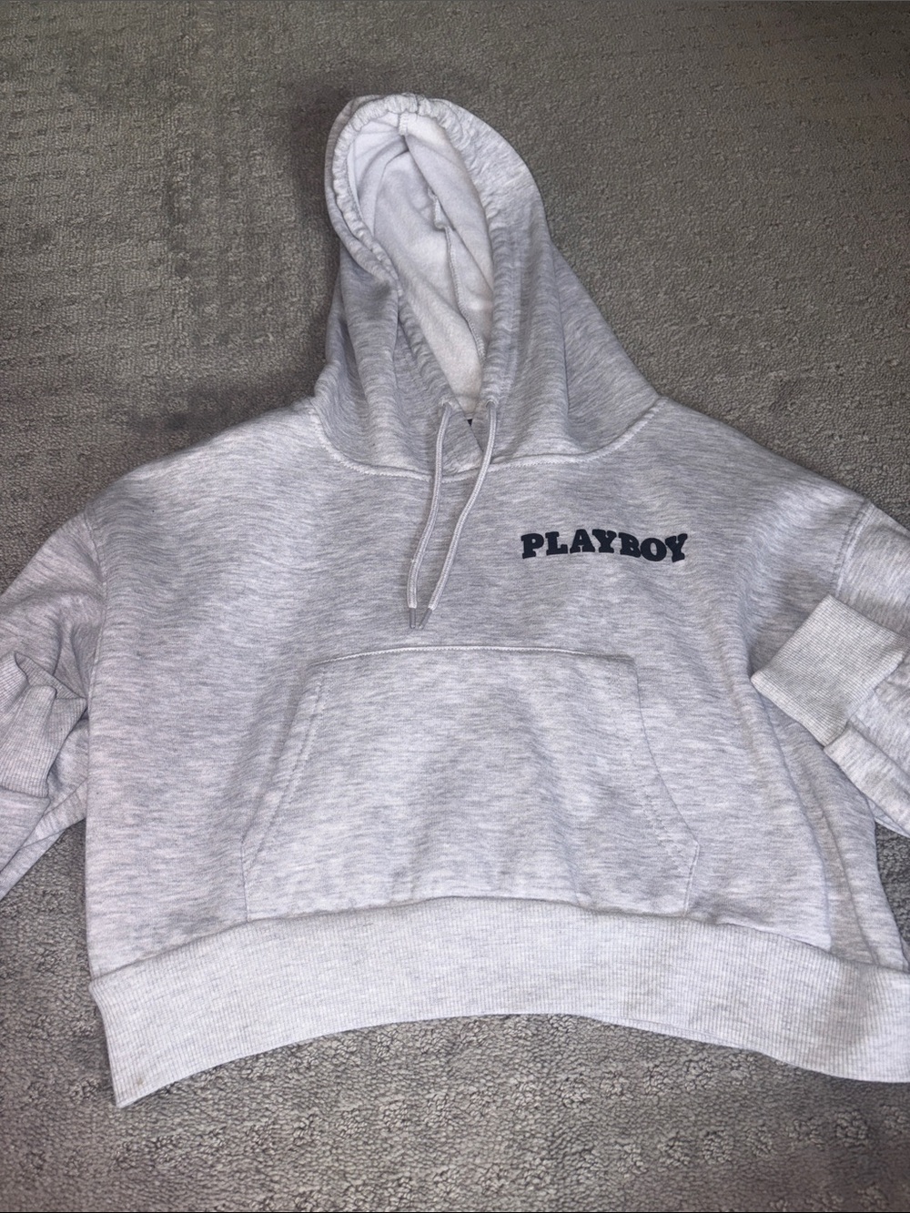 PLAYBOY Heather Gray Hooded Cropped Sweatshirt